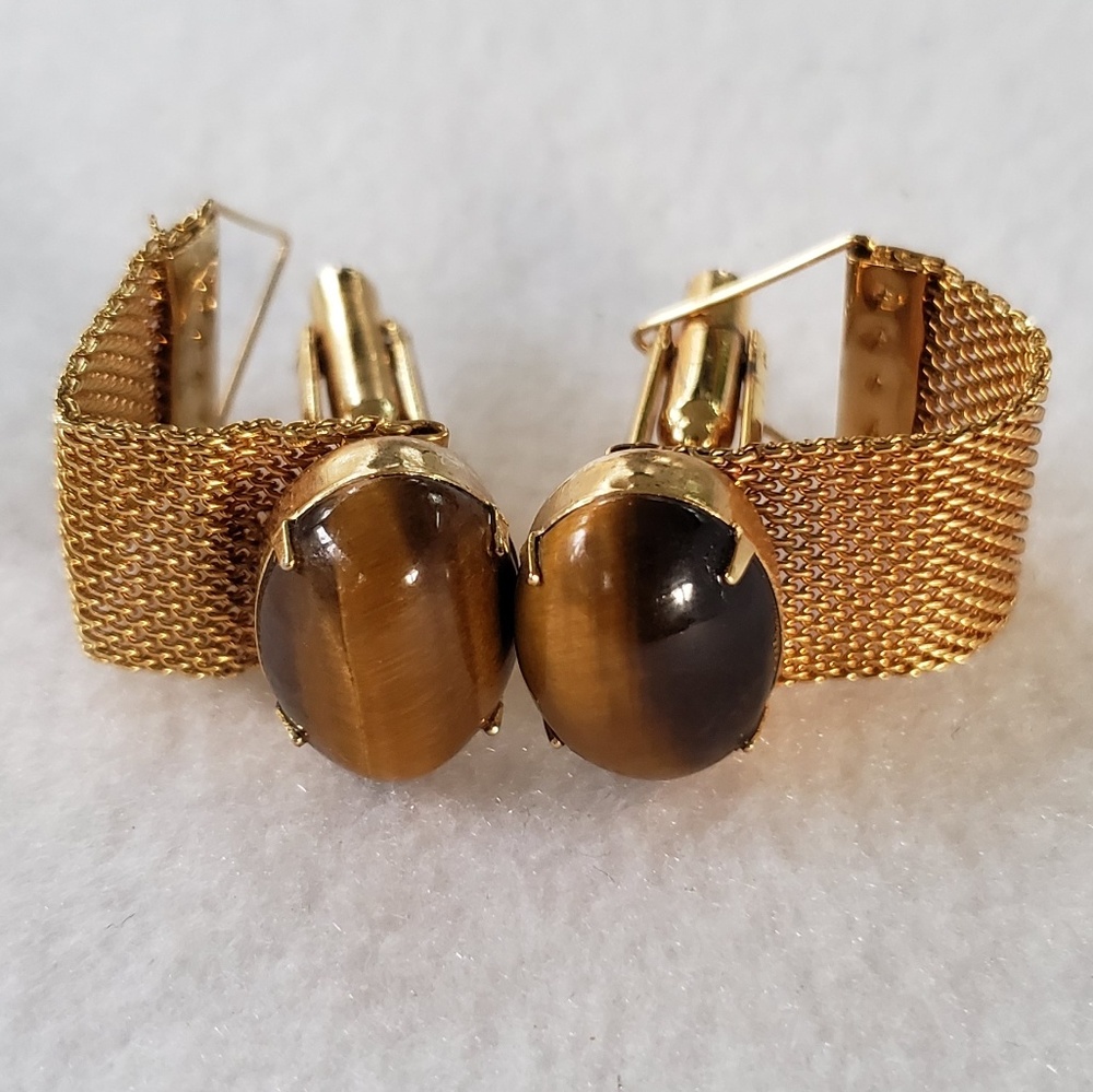 Vintage Tiger's Eye and Gold Mesh Cufflinks